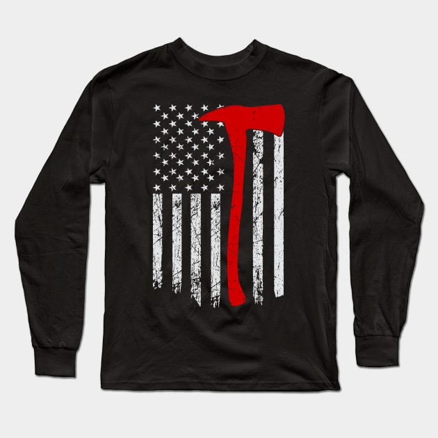 Firefighter American Flag With Red Fireman's Axe Long Sleeve T-Shirt by SpacemanTees